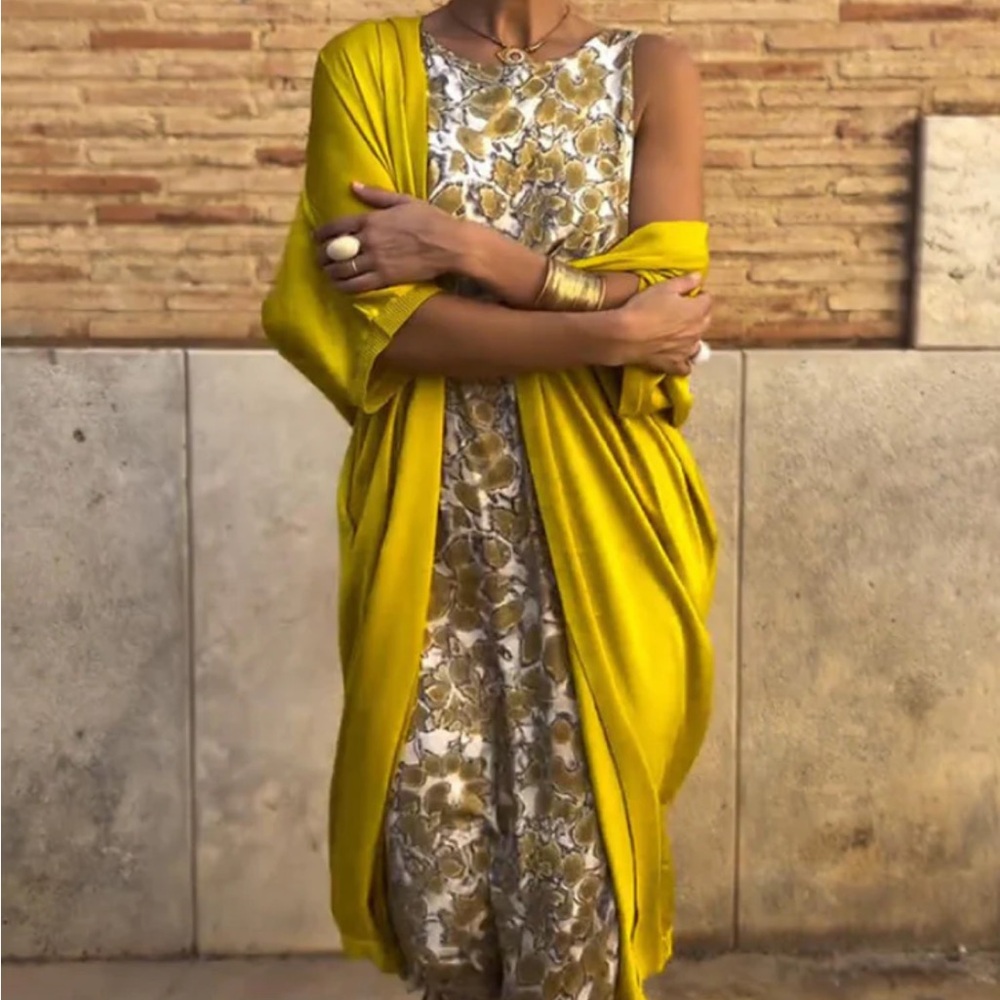 Yellow Gold Sheath Maxi Dress with Cardigan